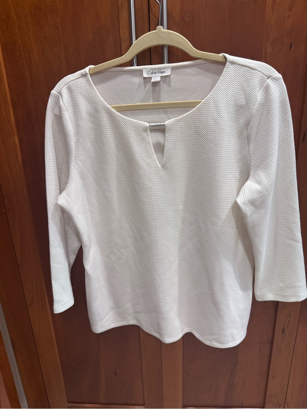 Calvin Klein Cream Split-Neck Textured Long-Sleeve Top